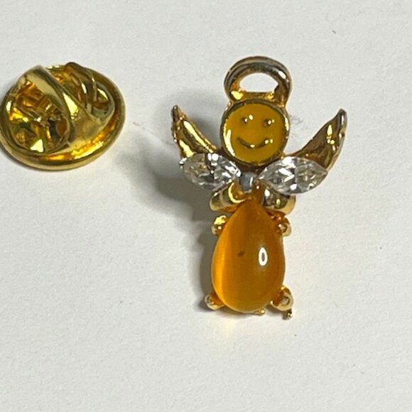 Angel of Happiness Gold Tone Rhinestone Wings Smiley Face Hat Vest Lapel Pin - Picture 2 of 14